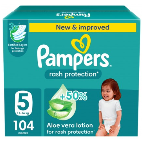 حفاضات بامبرز عناية وحماية من الطفح الجلدي مقاس 5، 11-16 كجم 104 حفاضة