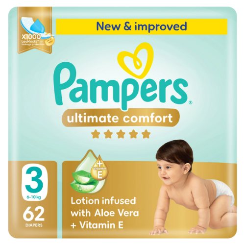 بامبرز ألتيميت كومفورت حفاضات اللاصقة مقاس 3 6-10 كجم عبوة ميجا 62 قطعة