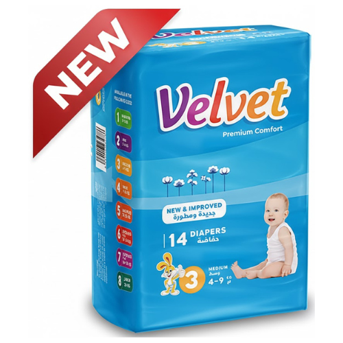 حفاضات فيلفيت بريميوم كمفورت مقاس 3 متوسط 4−9 كغ 14 قطعة
