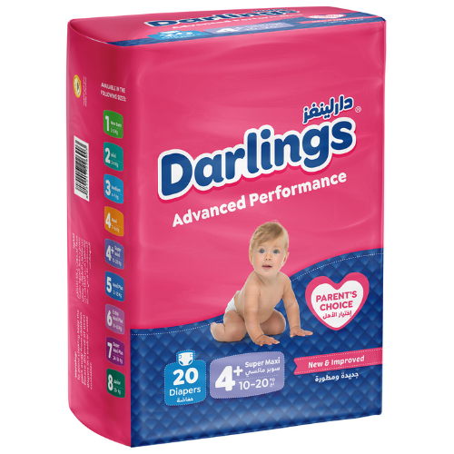حفاضات دارلينجز أدفانسد بيرفورمانس مقاس 4+ سوبر ماكسي 10-20 كغ 20 قطعة