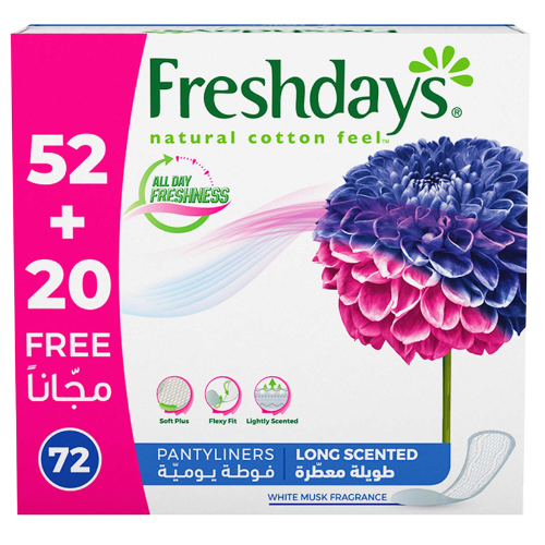فوط يومية فريش دايز بملمس قطني طبيعي، طويلة معطرة 72 حبة
