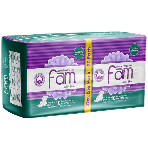 فوط صحية فام ملمس القطن الطبيعي رقيقة جداً عادية بالأجنحة، عبوة مزدوجة، 10 قطعة