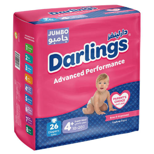 حفاضات دارلينجز أدفانسد بيرفورمانس مقاس 4+ سوبر ماكسي 10-20 كغ 26 قطعة