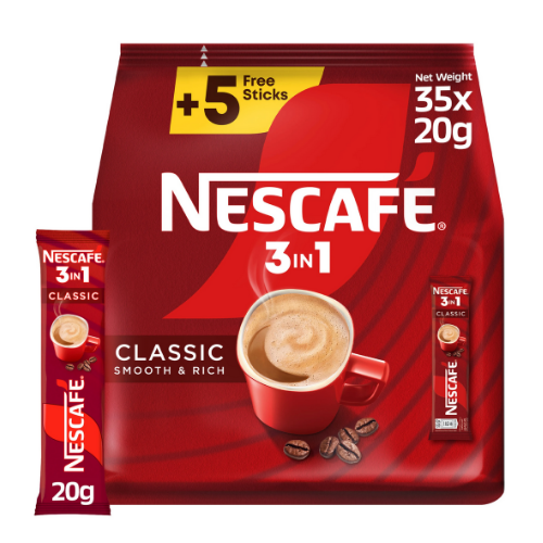 نسكافيه 3 في 1 قهوة سريعة التحضير كلاسيكية ناعمة وغنية، 20 جم 30+5
