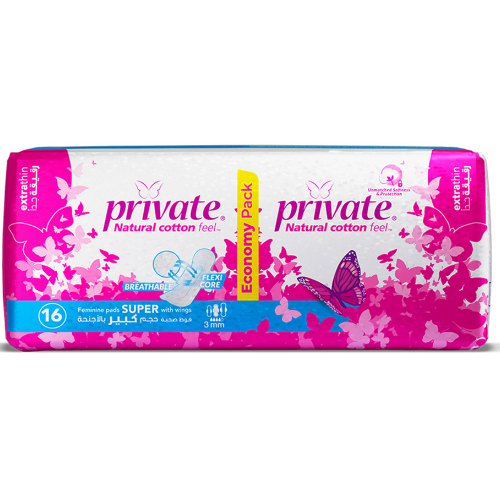 فوط صحية برايفت ملمس القطن الطبيعي رقيقة جداً سوبر بالأجنحة، 16 قطعة