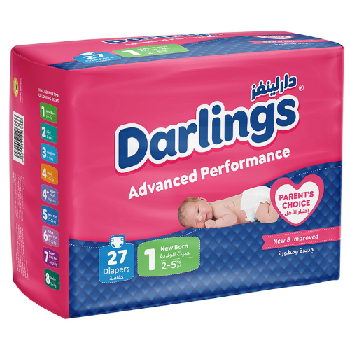 حفاضات دارلينجز أدفانسد بيرفورمانس مقاس 1 حديثي الولادة 2-5 كغ 27 قطعة
