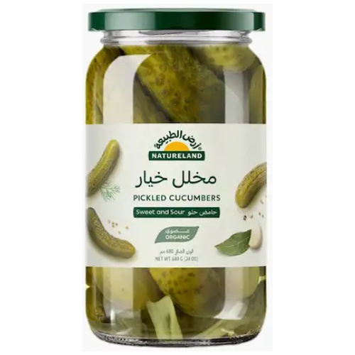 مخلل خيار حامض حلو عضوي ارض الطبيعه 680 جم