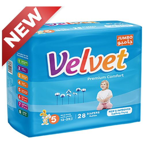 حفاضات فيلفيت بريميوم كمفورت مقاس 5 ماكسي بلس 12−25 كغ 28 قطعة