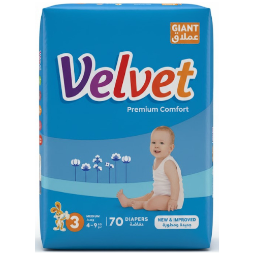 حفاضات فيلفيت بريميوم كمفورت مقاس 3 متوسط 4−9 كغ 70 قطعة