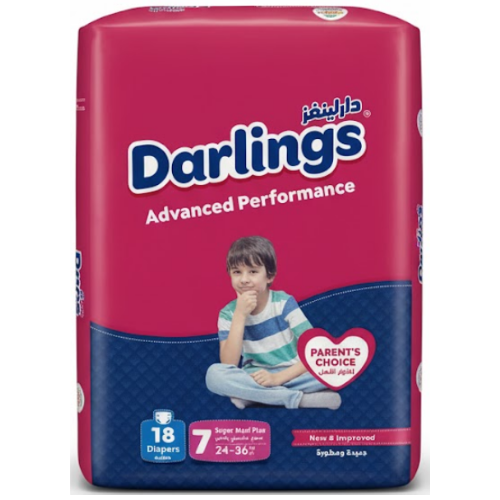حفاضات دارلينجز أدفانسد بيرفورمانس مقاس 7 سوبر ماكسي بلس 24-36 كغ 18 قطعة