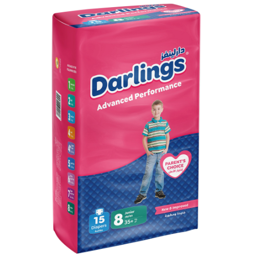 حفاضات دارلينجز أدفانسد بيرفورمانس مقاس 8 جونيور 35+ كغ 15 قطعة