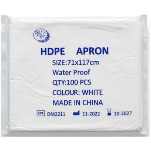 مريلة SSE بيضاء من البولي إيثيلين عالي الكثافة (HDPE) مقاس 71 × 117 سم 100 حبة